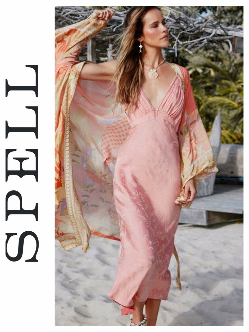 Spell Coral-Pink Slip Midi Dress with Floral Kimono